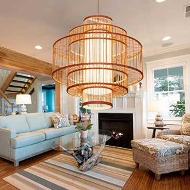 Mid Century Modern Living Room - Tiki décor - Bamboo Lantern Pendant Lamp, Retro Japanese Style