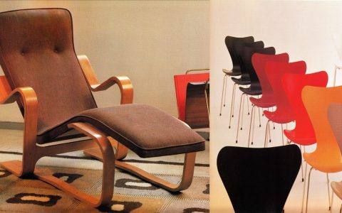 Authentic Mid-Century Modern Design Lounger - Stack of Eames Chairs - Early Mid Century Modern Style developed in 1935 by Marcel Breuer Photography by Tim Street-Porter Eames Era Chairs image - Fritz Hansen
